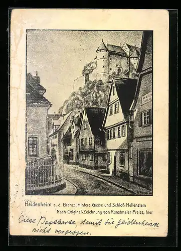 Künstler-AK Heidenheim a. d. Brenz, Hintere Gasse und Schloss Hellenstein