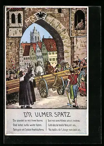 Künstler-AK Ulm, Der Ulmer Spatz, Torbogen und Blick aufs Münster