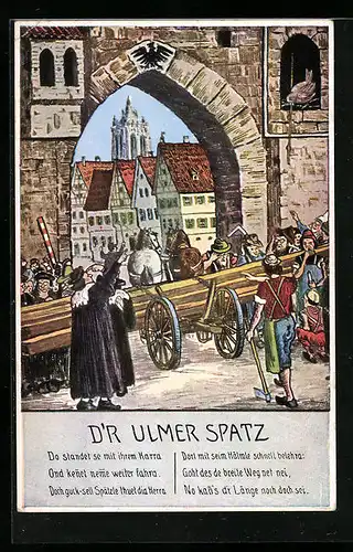 Künstler-AK Ulm, Der Ulmer Spatz, Torbogen und Blick aufs Münster