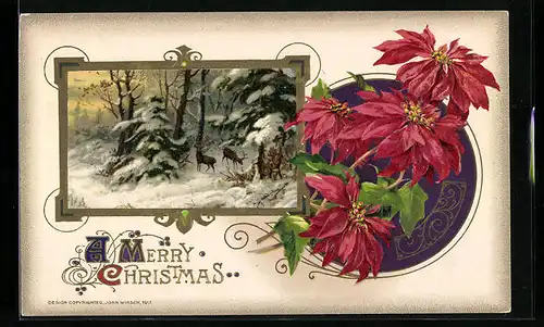 AK Winterlandschaft mit Blüten, A merry Christmas