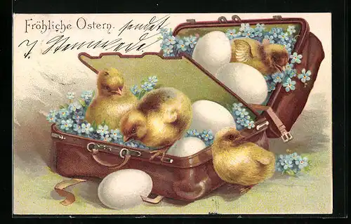 AK Fröhliche Ostern, Osterküken mit Vergissmeinnicht im Koffer