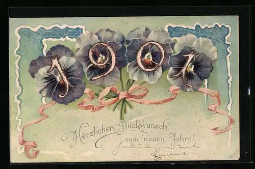 AK Neujahrsgruss mit Jahreszahl 1901 auf Stiefmütterchen