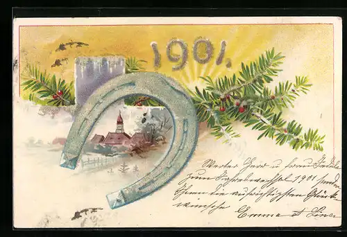 AK Jahreszahl 1901 mit Hufeisen und Tannenzweig