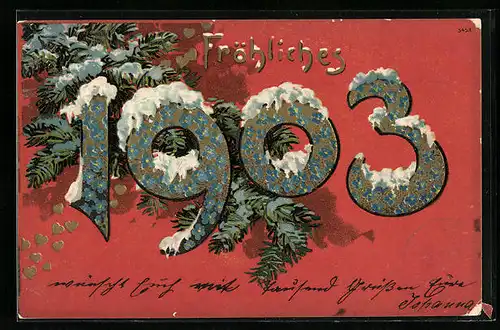 AK Jahreszahl 1903 und Tannenzweig mit Schnee bedeckt