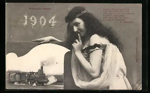 AK Jahreszahl 1904, Dame und Eisenbahn