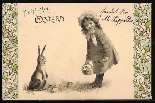 AK Osterhase und Mädchen mit Osterkorb, Ostergruss