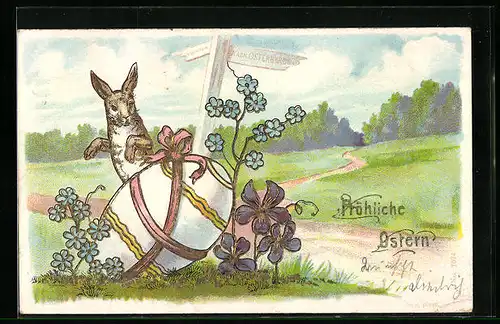 AK Osterhase am Wegkreuz mit Osterei