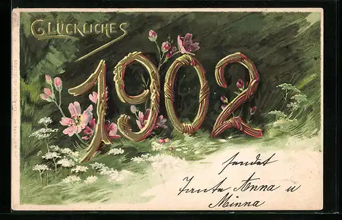 Lithographie Glückliches 1902, Güldene Jahreszahl