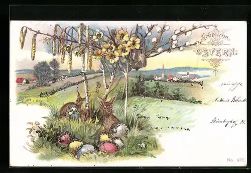 AK Osterhasen mit Ostereiern im Grünen