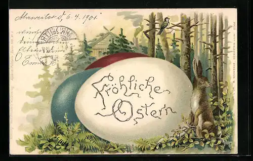 AK Osterhase und Ostereier im Wald