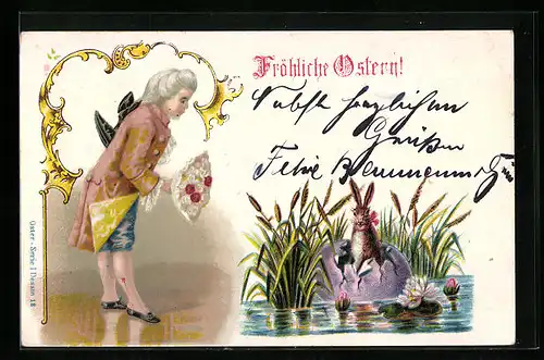 AK Osterhase in Eierschale am Ufer