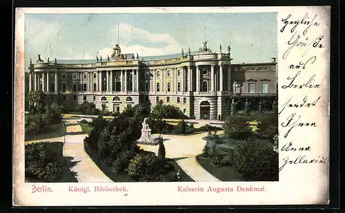 AK Berlin, Alte Königliche Bibliothek am Palais und Kaiserin Augusta Denkmal