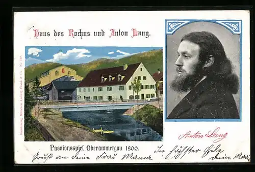 Künstler-AK Oberammergau, Haus d. Rochus & Anton Lang, Portrait des Christus-Darstellers Anton Lang - Passionsspiel 1900