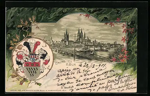 Passepartout-Lithographie Köln, Ortsansicht mit Fluss, Wappen