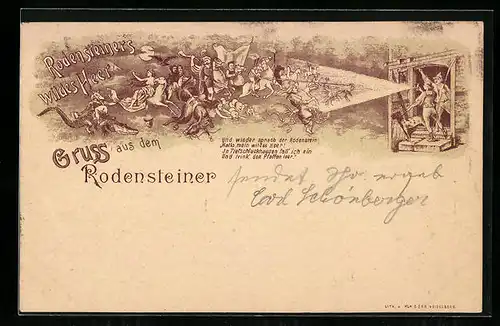 Lithographie Heidelberg, Rodensteiner`s wildes Heer, Freske im Gasthaus zum Rodensteiner