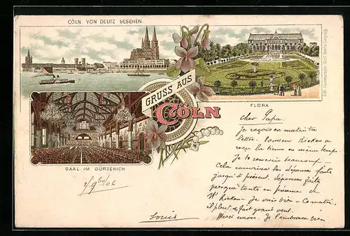 Lithographie Cöln, Flora, Saal im Gürzenich, Teilansicht mit Dom