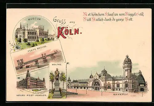 Lithographie Köln, Museum, Bahnhof, neues Postgebäude