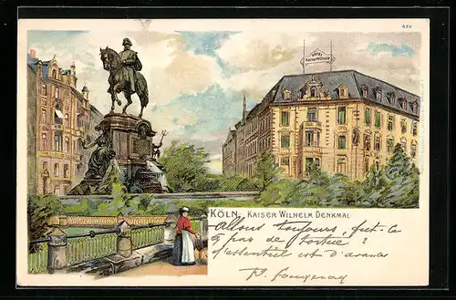Lithographie Köln, Kaiser Wilhelm Hotel & Denkmal