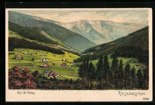 Künstler-AK Alt-St. Peter, Ortsansicht mit Riesengebirge