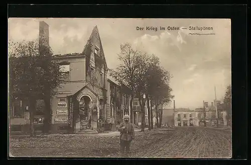 AK Stallupönen, Strassenpartie mit zerstörten Gebäuden