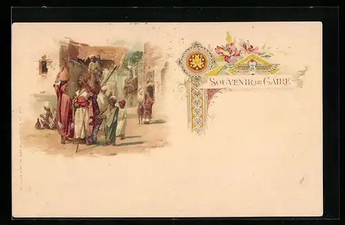 Lithographie Caire, Strassenpartie mit Menschen