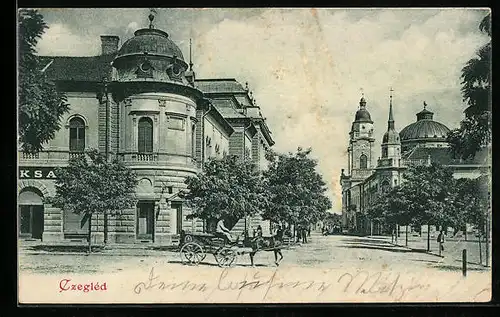 AK Czegléd, Strassenpartie mit Gebäude