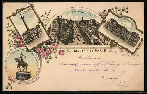 Lithographie Paris, Les Boulevards, La Bastille, La Palais Royal