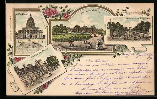 Lithographie Paris, Le Panthéon, Le Champs Elysées, Musée de Gluny