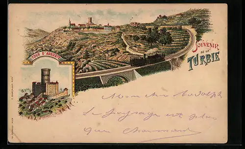 Lithographie La Turbie, Panoramablick auf die Ortschaft, Tour d`Auguste