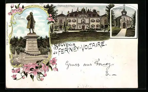 Lithographie Ferney-Voltaire, Château de Voltaire, Chapelle Voltaire, Statue de Voltaire