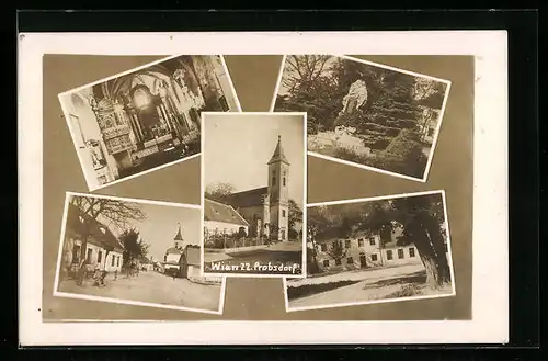 AK Grossenzersdorf-Probstdorf, Strassenpartie, Kirche, Denkmal