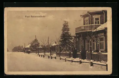 AK Baranowitschi, Strasse an der Post im Winter