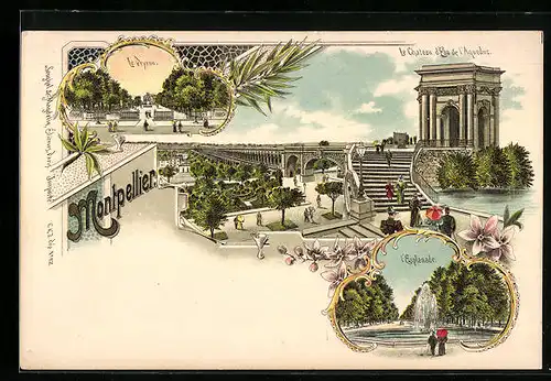 Lithographie Montpellier, Le Château d`Eau & Aquaduc, l`Esplanade, Le Peyrou