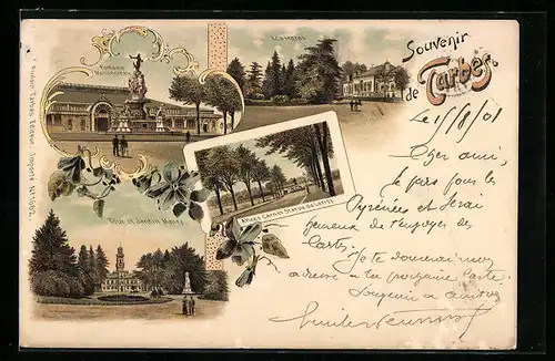 Lithographie Tarbes, Les Haras, Fontaine Monumentale, Tour de Jardin Maney