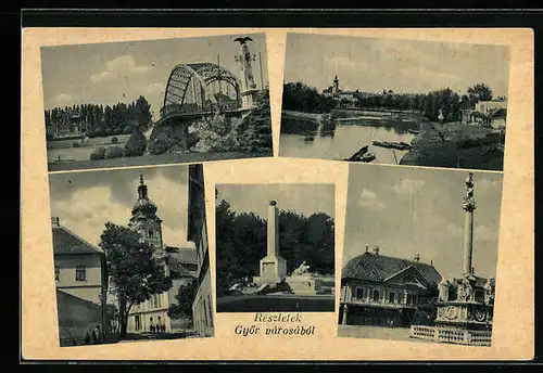 AK Györ, Uferpartie, Brücke, Denkmal