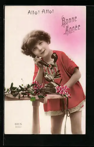 AK Kind am Telefon mit Kätzchenzweig, Neujahrsgruss