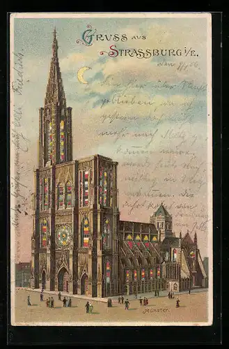 Lithographie Strassburg i. E., Münster, Halt gegen das Licht