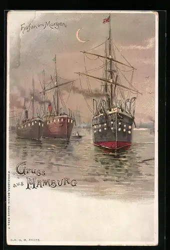 Lithographie Hamburg, Schiffe morgens im Hafen, Halt gegen das Licht