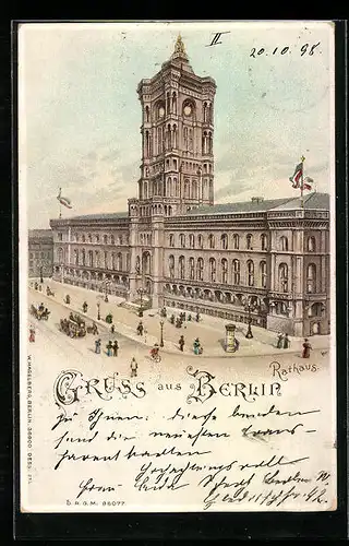 Lithographie Berlin, Rotes Rathaus mit beleuchteten Fenstern, Königstrasse, Halt gegen das Licht