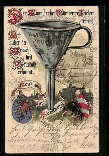 Lithographie Nürnberg, Nürnberger Trichter, Stadt und Wappen