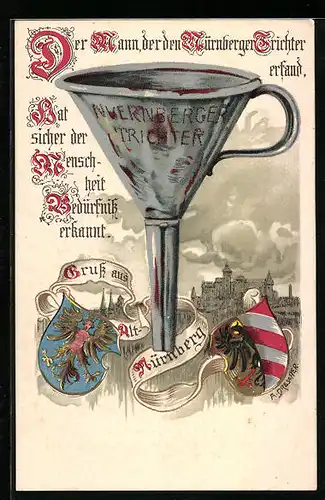 Lithographie Nürnberg, Nürnberger Trichter, Stadt und Wappen