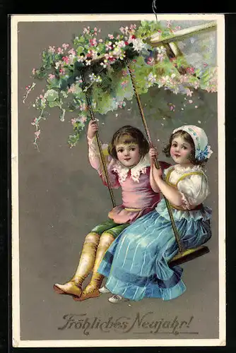 Künstler-AK Junge und Mädchen auf einer Schaukel, Glückwunsch zum Geburtstag