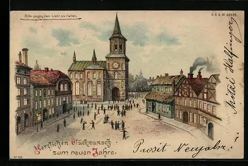AK Ortspartie mit Rathaus, Halt gegen das Licht, Neujahrsgruss