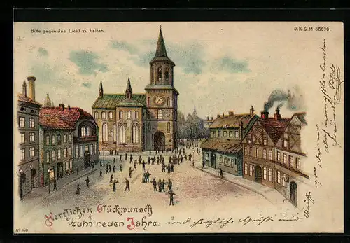 AK Ortspartie mit Rathaus, Halt gegen das Licht, Neujahrsgruss