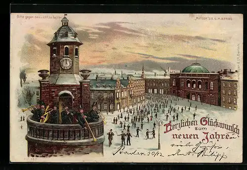 AK Turm mit Musikern und Strassenpartie im Winter, Halt gegen das Licht, Neujahrsgruss