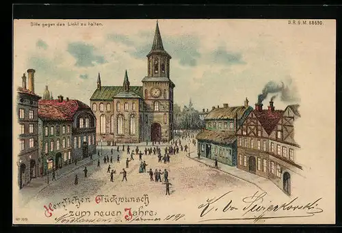 AK Ortspartie mit Rathaus, Halt gegen das Licht, Neujahrsgruss