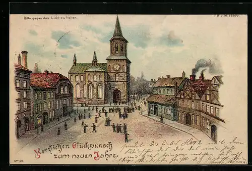 AK Ortspartie mit Rathaus, Halt gegen das Licht, Neujahrsgruss