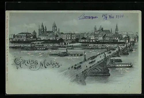 Mondschein-Lithographie Mainz, Uferpartie mit Brücke und Dampfern, Halt gegen das Licht