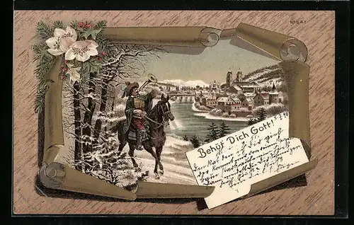 Lithographie Säckingen, Trompeter von Säckingen vor der Stadt im Winter, Behüt Dich Gott!