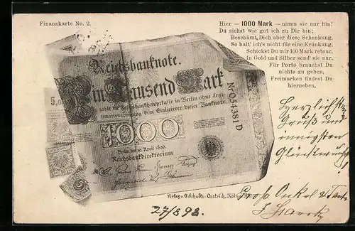 AK Geldschein über eintausend Mark und Briefmarken